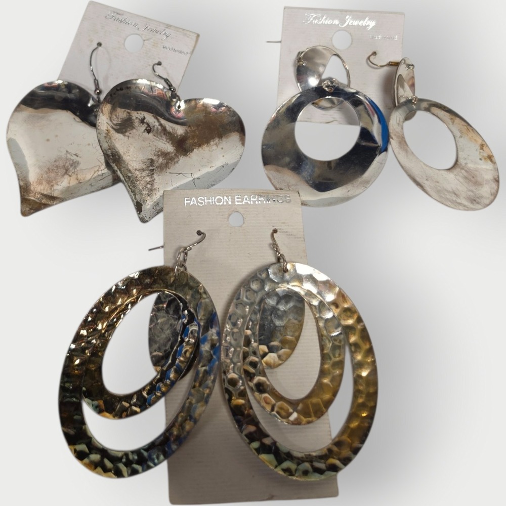 NEW Vintage Silver Tone Large OVERSIZED Statement Earrings 3"+ LOT OF 3 DANGLE